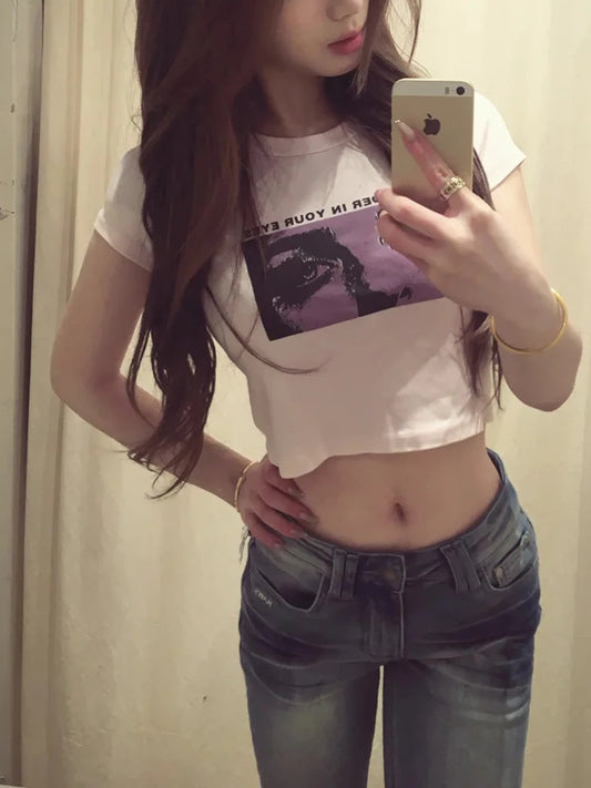 Y2k Graphic Print Slim Crop Tops Women Streetwear O-neck Short Sleeve Cotton Tees Female Summer Vintage Preppy Style Tshirt