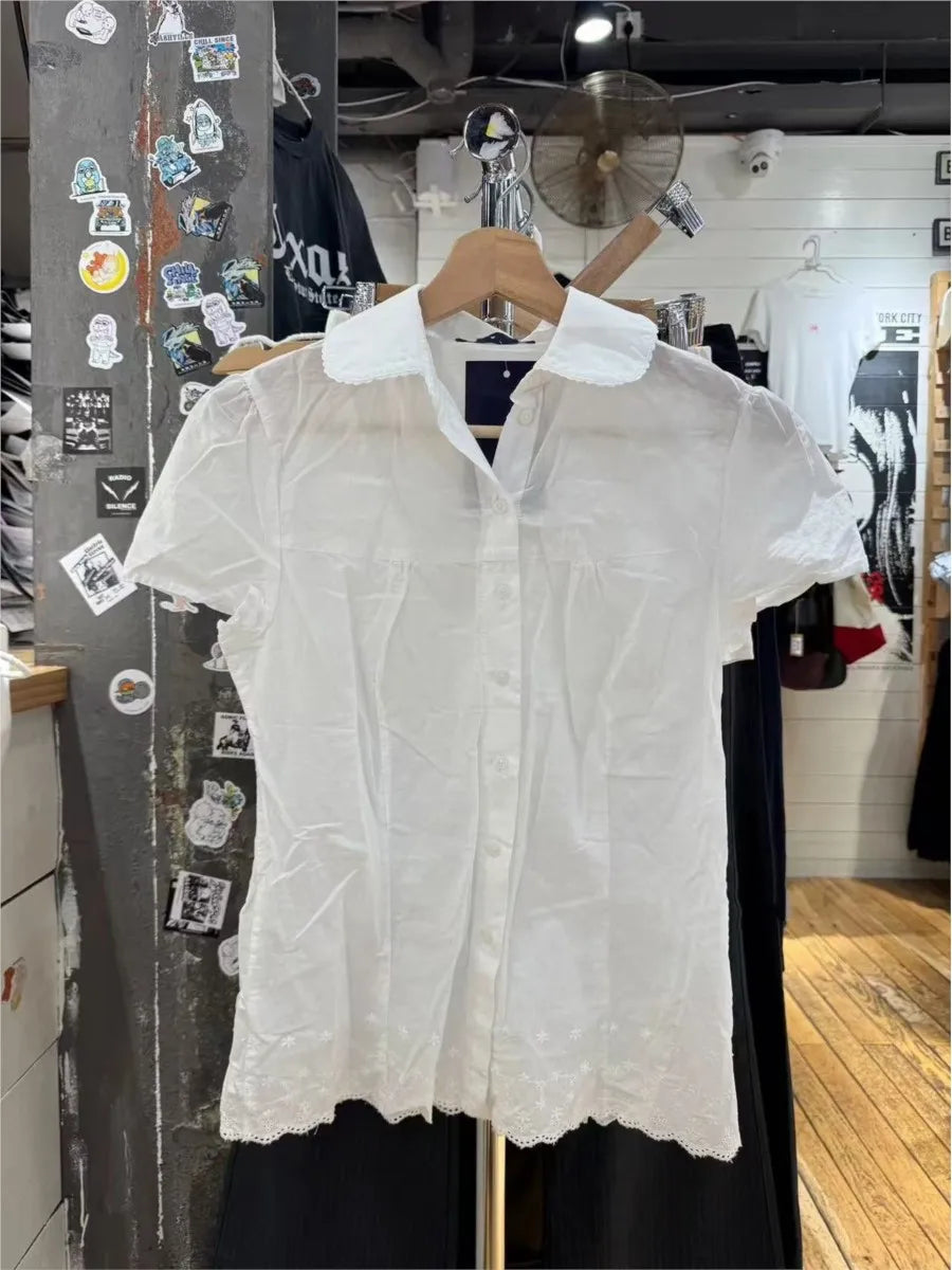 Lace Trim White T-shirt Blouse Women Casual Pan Collar Single Breasted Short Sleeve Tee Sweet Cute Preppy Style T-shirts Y2K New