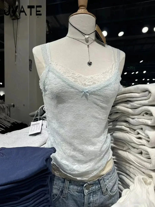 Lace Transparent Sexy V-neck Camisole Women New Streetwear Bow Thin Jacquard Sleeveless Vests Vintage Sweet Chic Tank Tops Y2K