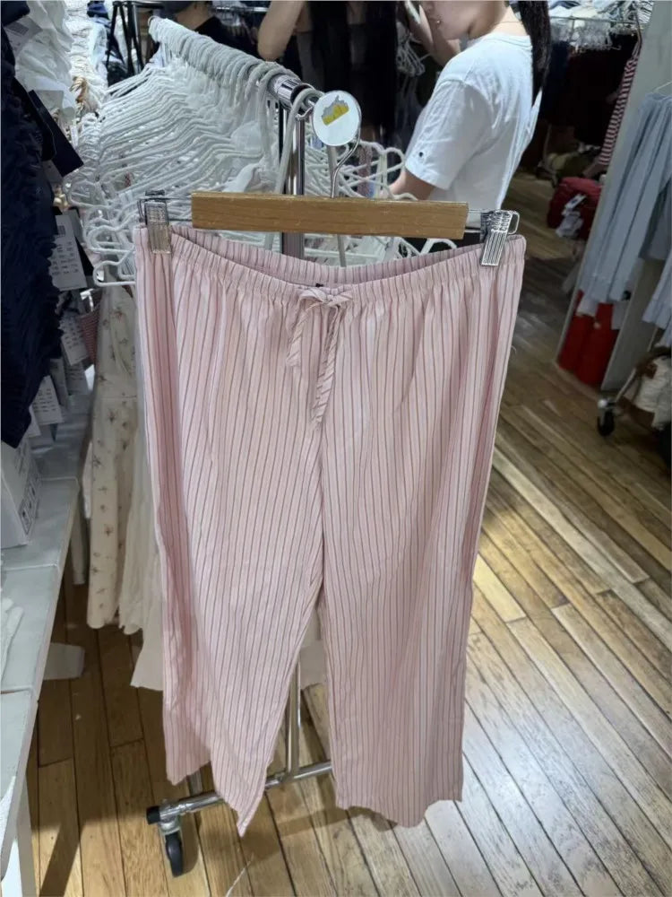 Pink Striped Drawstring Straight Sweatpants Women New Y2K Cotton Linen High Waist Trousers Sweet Preppy Style Sport Long Pants