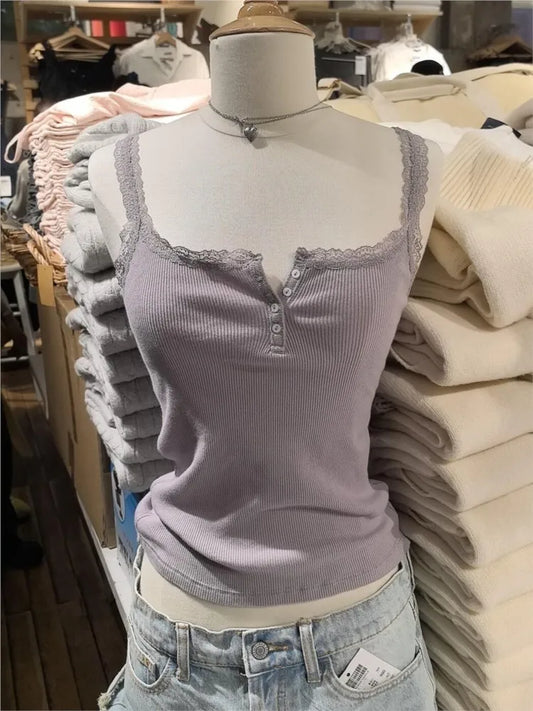 Sweet Purple Lace Trim Ribbed Camis Women New Cotton Buttons Slim Sleeveless Vests Basic Preppy Style Cute Cropped Tank Tops Y2K