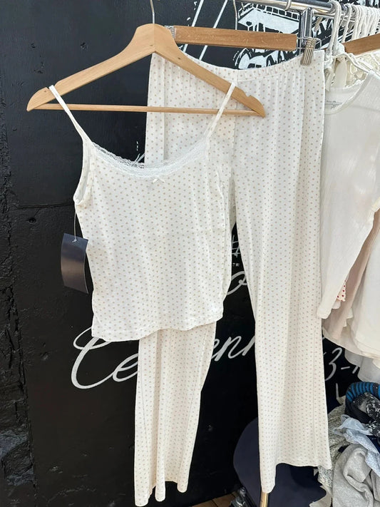 Pink Heart Slim Home Pajama 2 Piece Sets Women Summer Lace Trim Bow Camis+Cozy Straight Trouser Sweet Preppy Style Tank Pant Set