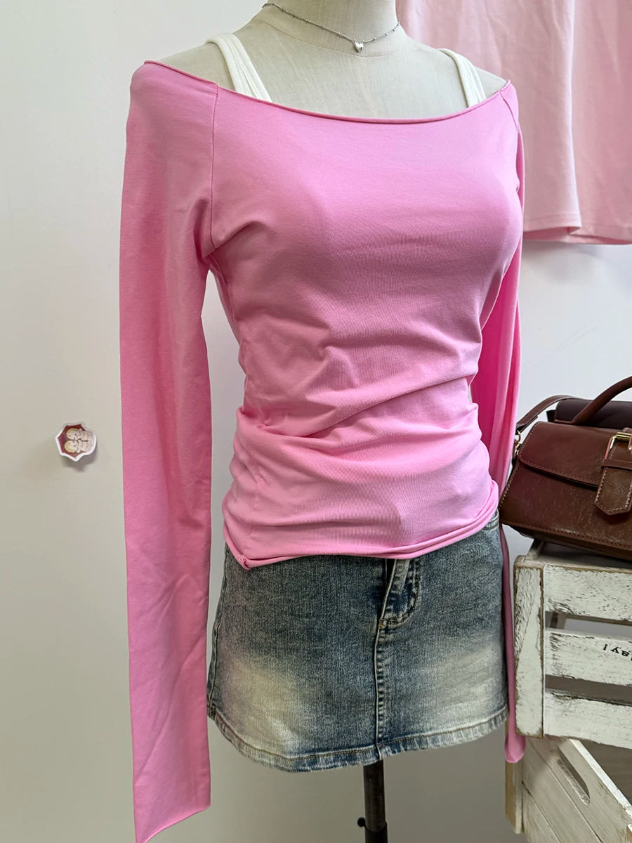 Women's Sexy Slim Raw Trim T-shirts Cotton Casual Streetwear Slash Neck Long Sleeve Tee Chic Harajuku Y2K Crop Top Vintage Mujer
