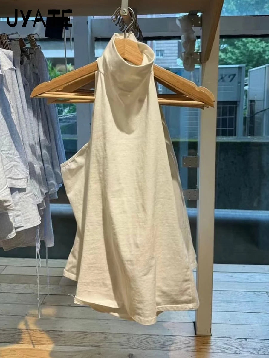 Sweet White Halter Turtleneck Button Tank Tops Women Summer New Cotton Soft Backless Sexy Camisole Vintage Basic Chic Vests Y2K