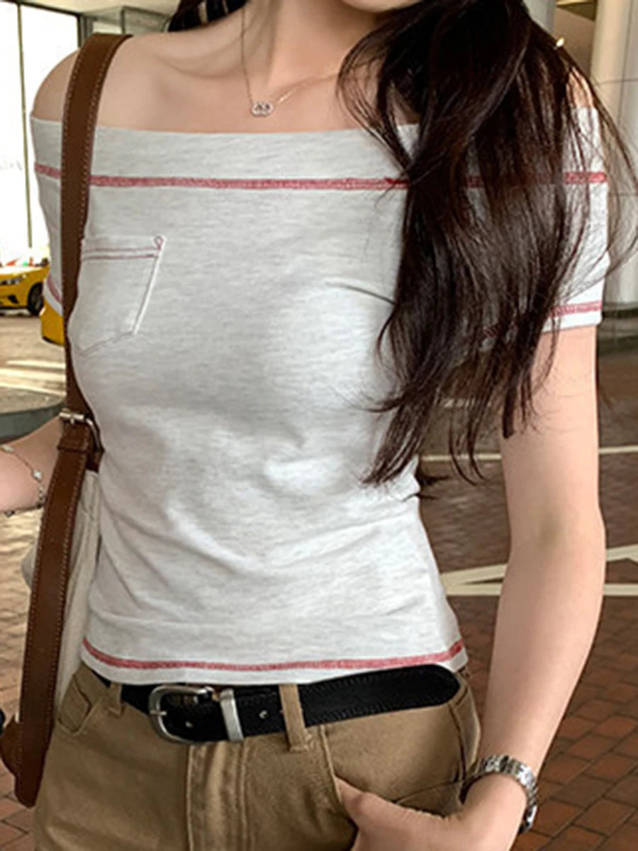 Slash Neck Short Raglan Sleeve Tee Shirts Women Summer Casual Slim Quilted Pocket Cotton Tshirts Sweet Preppy Style T-shirt Y2K