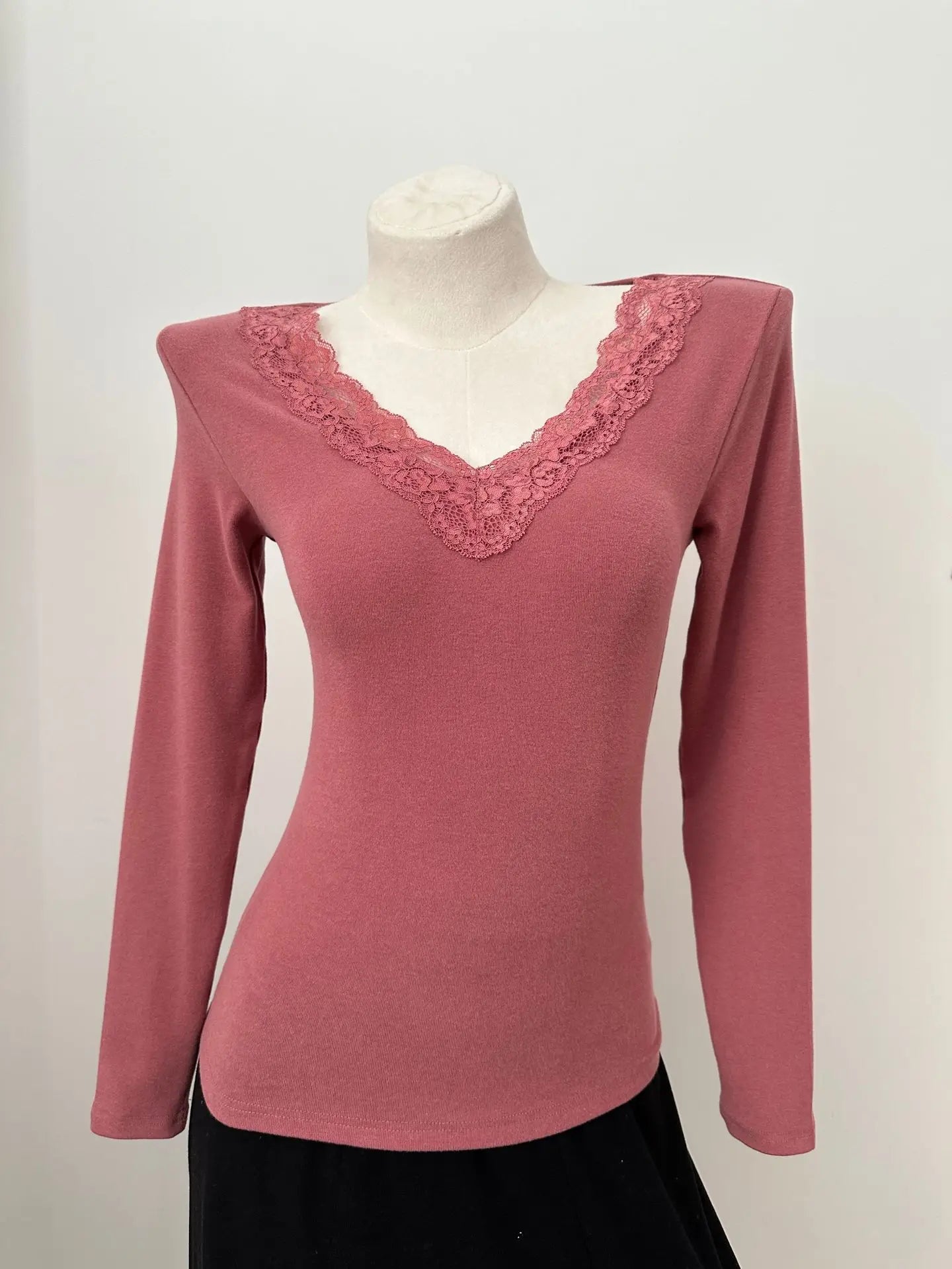 Solid Lace Trim Long Sleeve T-shirt Women Autumn Sexy V-neck Cotton Soft Slim Tees Casual Vintage Sweet Basic Tshirt Y2K Tops