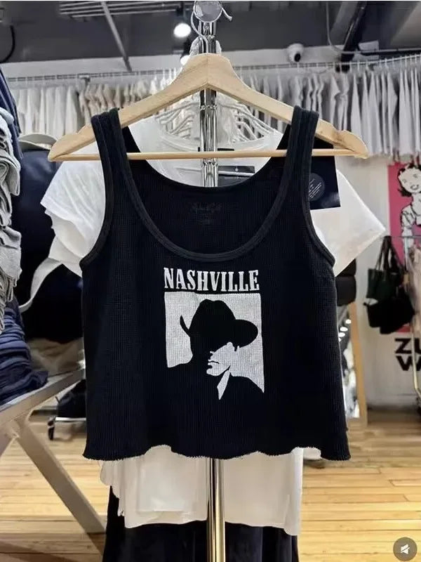 Harajuku Rose Print Raw Hem Crop Tops Women Summer New O-neck Cotton Soft Streetwear Cropped Vests American Casual Tank Tops Y2K