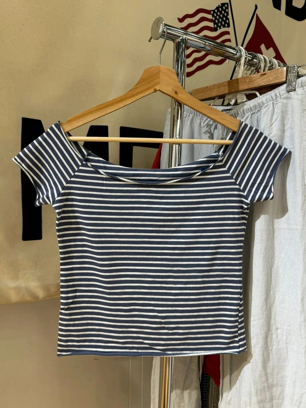 Slash Neck Navy Striped T-shirt Women Summer Raw Hem Slim Cotton Short Sleeve Tees Female Vintage Chic Tshirt Y2K Tops New