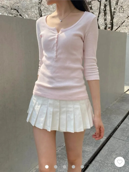 Pink Six Buttons Half Sleeve T-shirts Women New Round Neck Cotton Ribbed Slim Tees Sweet Cute Preppy Style Tshirt Y2k Tops New