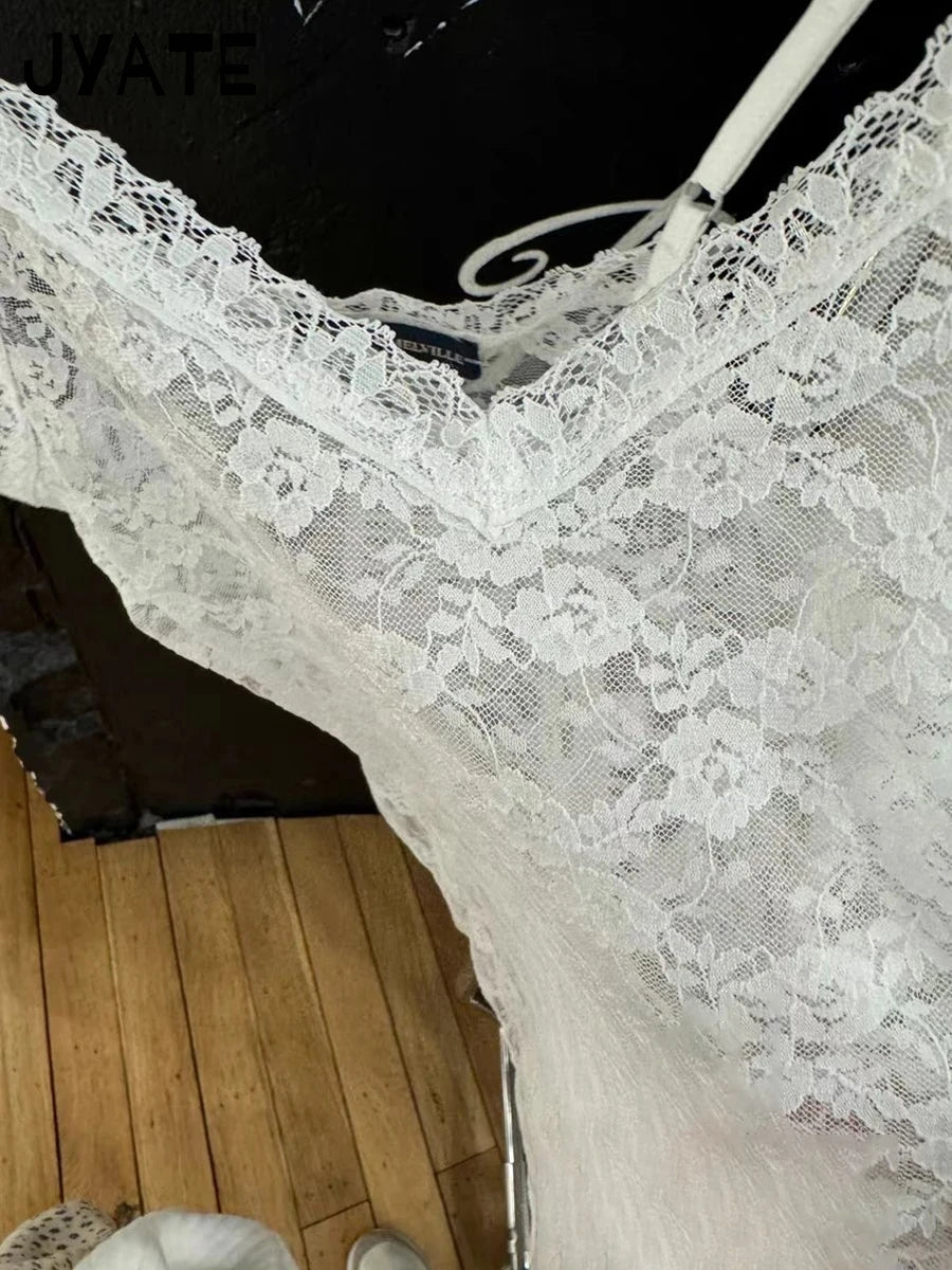 White Lace Bow Transparent Tank Tops Women Summer New Streetwear Sleeveless V-neck Thin Slim Vest Sweet Vintage Sexy Camis Y2K