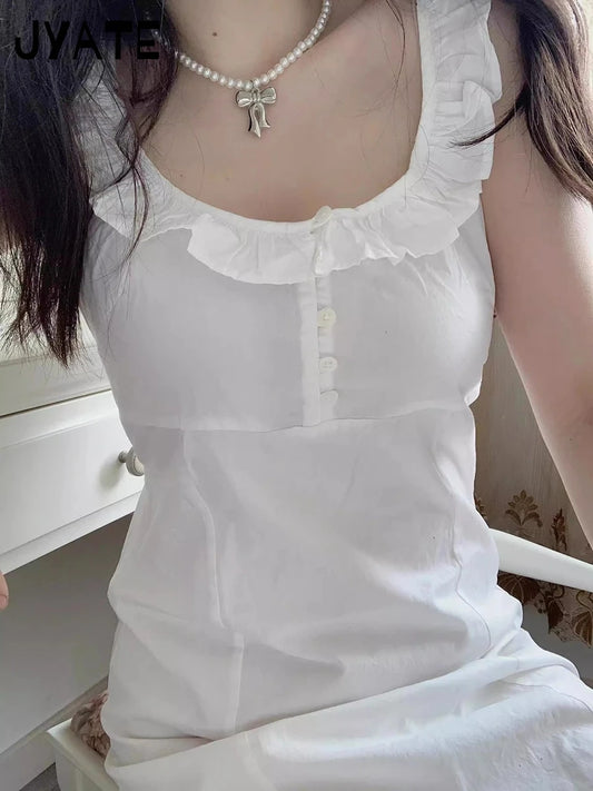 White Ruffled Neck Buttons Mini Dresses Women Summer New Back Lace-up Sleeveless Short Vestidos Sweet Preppy Style Chic Dresses