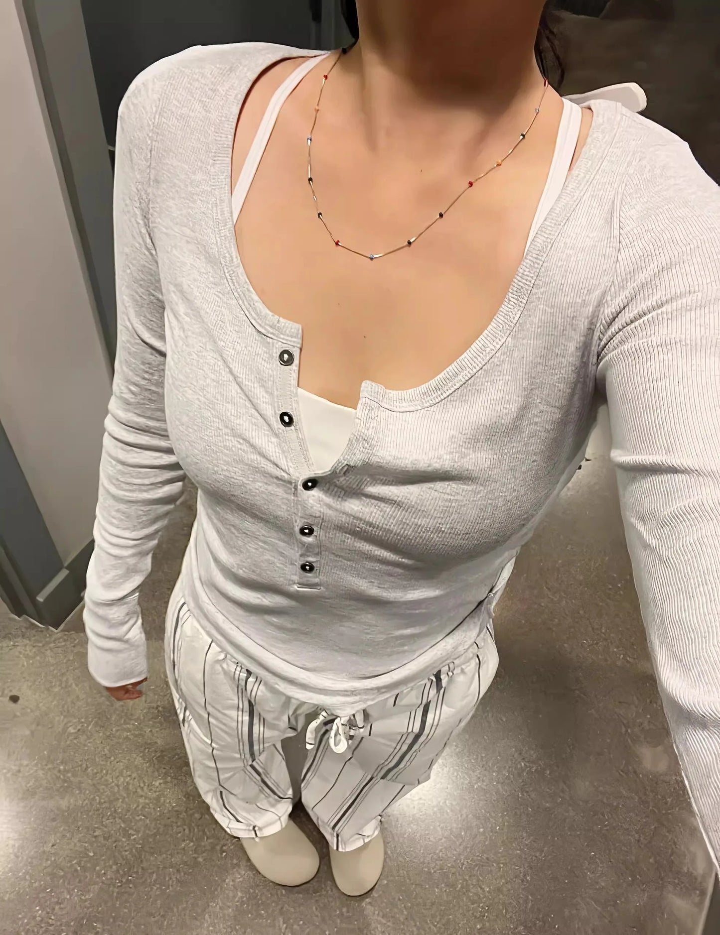 Gray Buttons Long Sleeve Tees Women Autumn Cotton Casual Vintage Slim T Shirt Tops Shoujo Clothes Simple Basic Vintage T-shirts