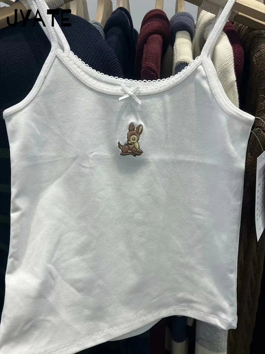 Litter Bear Embroidery Bow Camisole Women New Lace Trim Cotton Casual Slim Sleeveless Vests Sweet Cute Harajuku Tank Tops Y2K