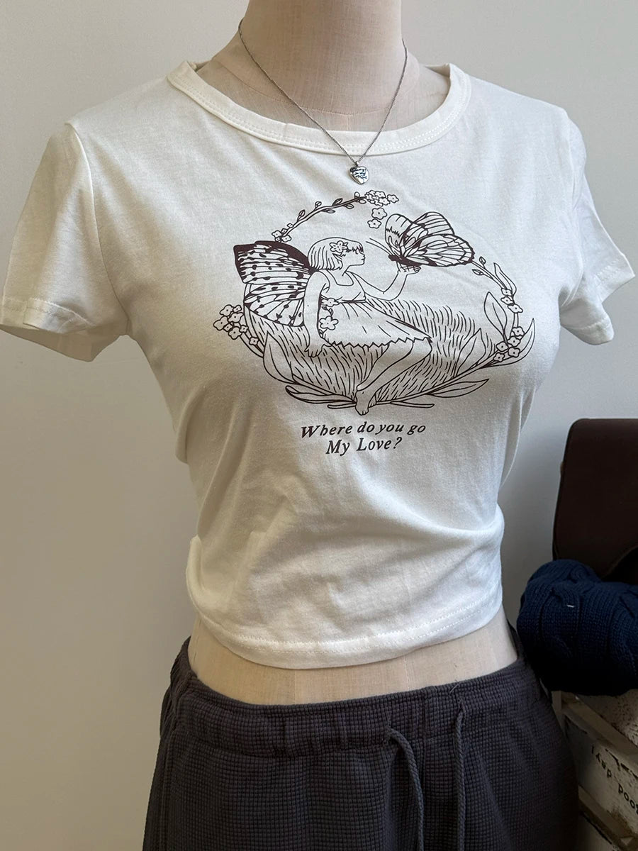 Sweet Grils Print Slim T-shirt Women Summer Navy Cotton O-neck Short Sleeve Tee Shirts Vintage Cute Preppy Style Tshirt Y2K Tops