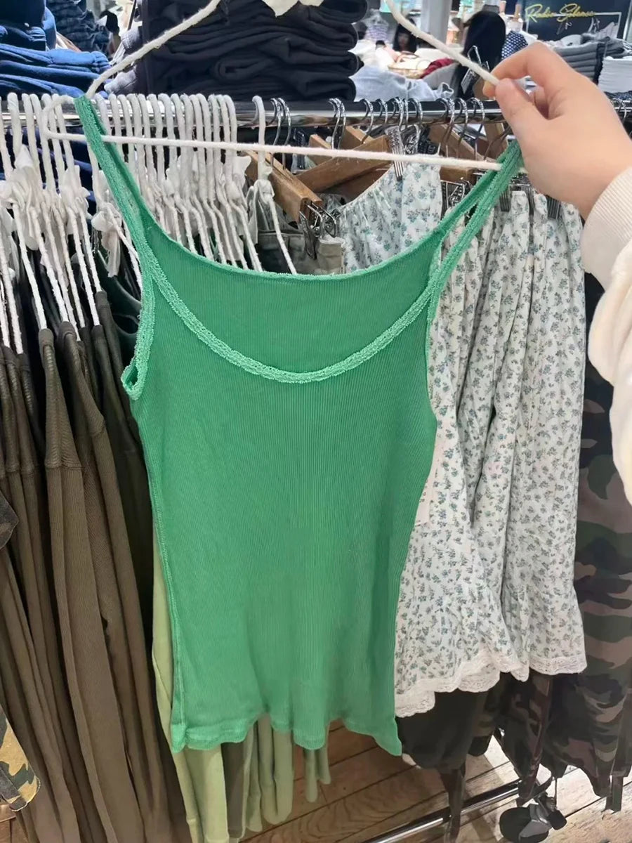 Women's Green Slim Camisole Streetwear Casual Simple Lace Trim Cotton Ribbed Sleeveless Vest Vintage Chic Preppy Style Tank Tops