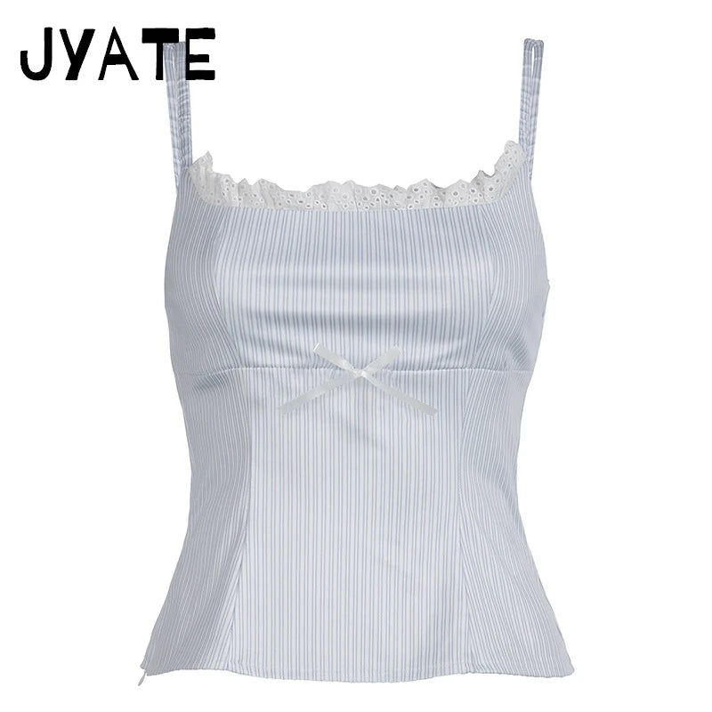 Fashion Blue Striped Square Collar Camisole Women New Slim Sexy Lace Trim Bow Sleeveless Vests Sweet Cute Vintage Tank Tops Y2K