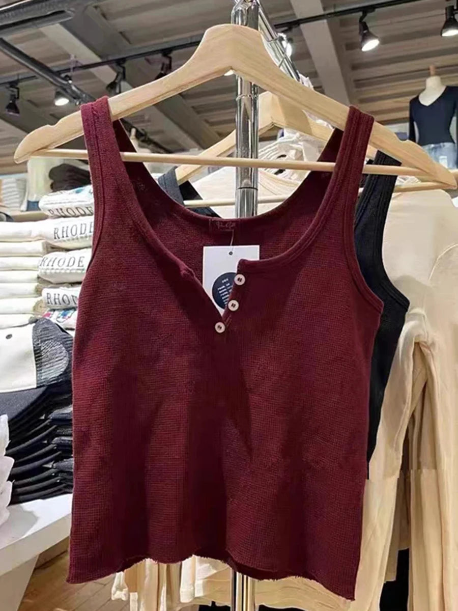 Fashion Solid Buttons Waffle Tank Tops Women Summer New Casual Cotton Raw Hem Slim Vests Female Y2K Streetwear Vintage Camisole
