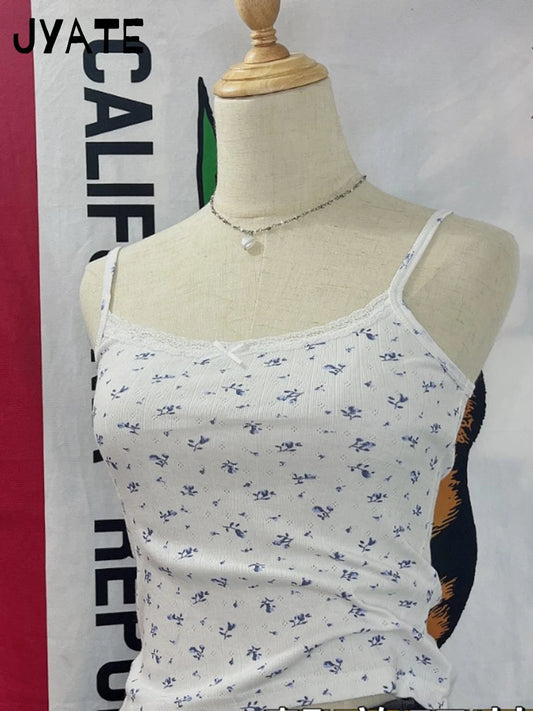 Blue Floral Bow Lace Trim Sexy Slim Tank Tops Women Summer Cotton Eyelet White Sleeveless Crop Top Sweet Cute Casual Camis Y2K