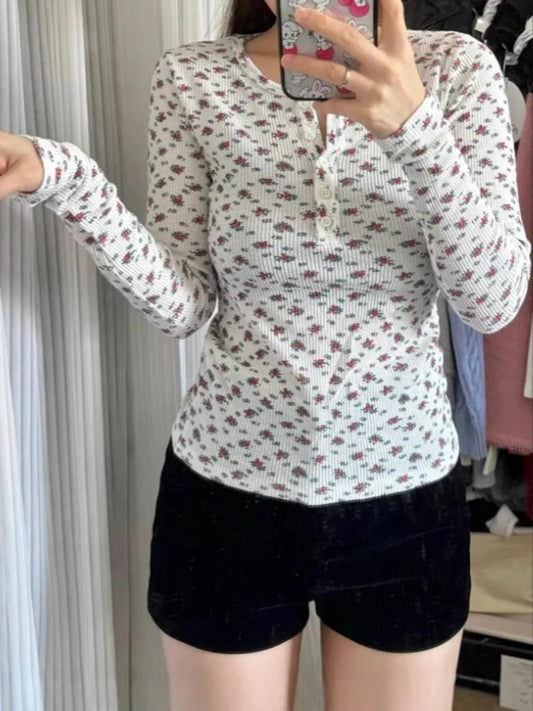 Floral Print Waffle T-Shirt Women Autumn Buttons Round Neck Cotton Slim Long Sleeve Tee Top Vintage Cute Preppy Style Y2K Tshirt