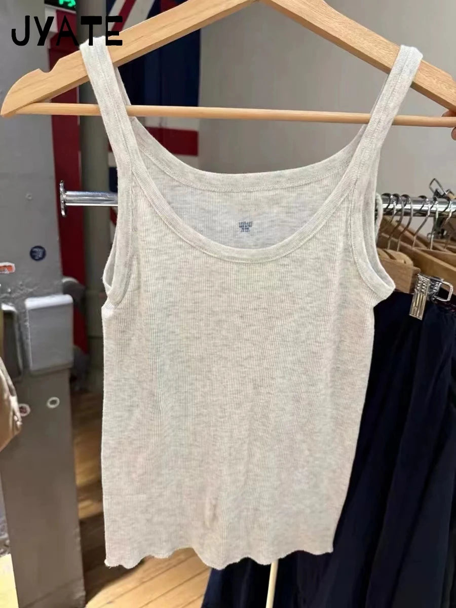 Simple Gray Raw Hem Tank Tops Women Summer New Cotton Soft Ribbed Casual Streetwear Vests Female Vintage Basic Chic Camisole Y3K