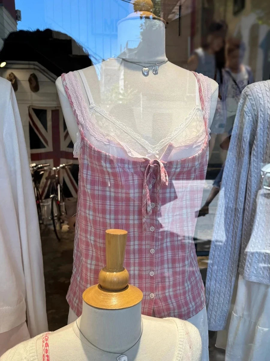 Pink Striped Lace-up Tank Tops Women Summer Cotton Lace Trim Slim Buttons Strapless Vests Female Sweet Cute Preppy Camisole Y2K