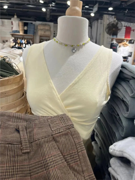 Solid Slim V-neck Tank Top Women Casual Simple Basic Cotton Sleeveless Vest Clean Girl Preppy Style Sweet Cute Camisole Y2K