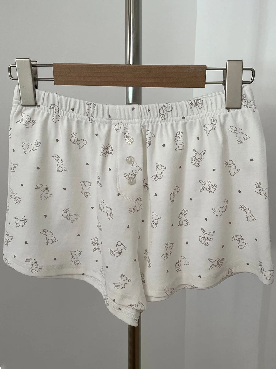 Sweet Eyelet Floral Print Short Pants Women Three Buttons High Waist Straight Home Cozy Underwear Casual Cute Cotton Shorts Y2K