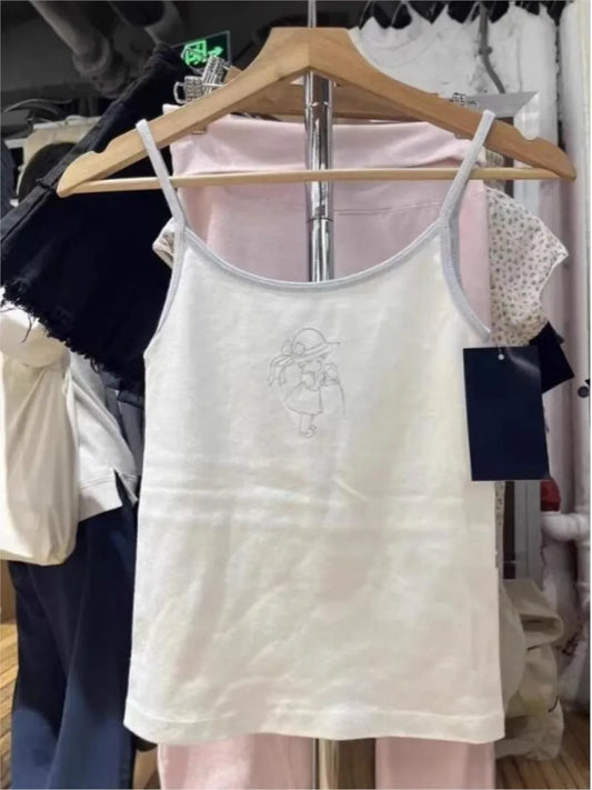 Sweet Girl Print Patchwork Camisole Women New Cotton Soft Casual Slim Sleeveless Cropped Vests Sweet Cute Preppy Style Tank Tops