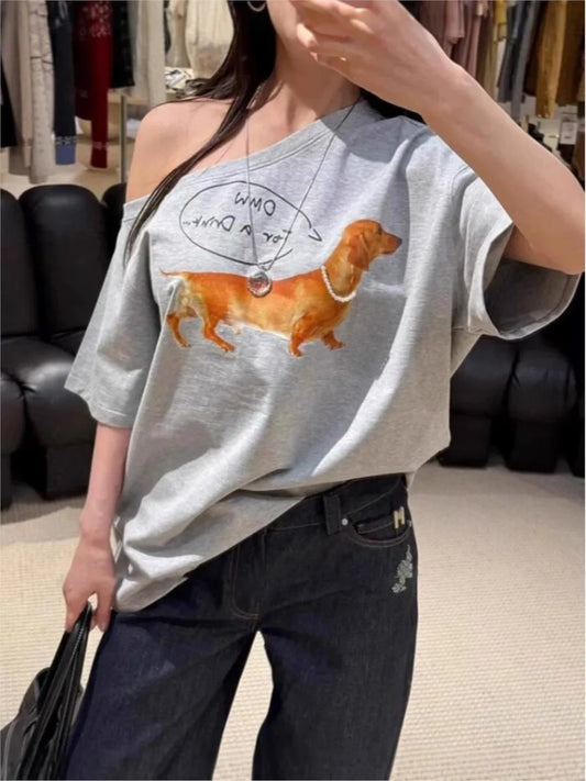 Gray Puppy With Pearl T-shirts Women Summer Slash Neck Sexy Cotton Slim Short Sleeve Tee Cute Sweet Animal Tshirt Y2K Crop Tops