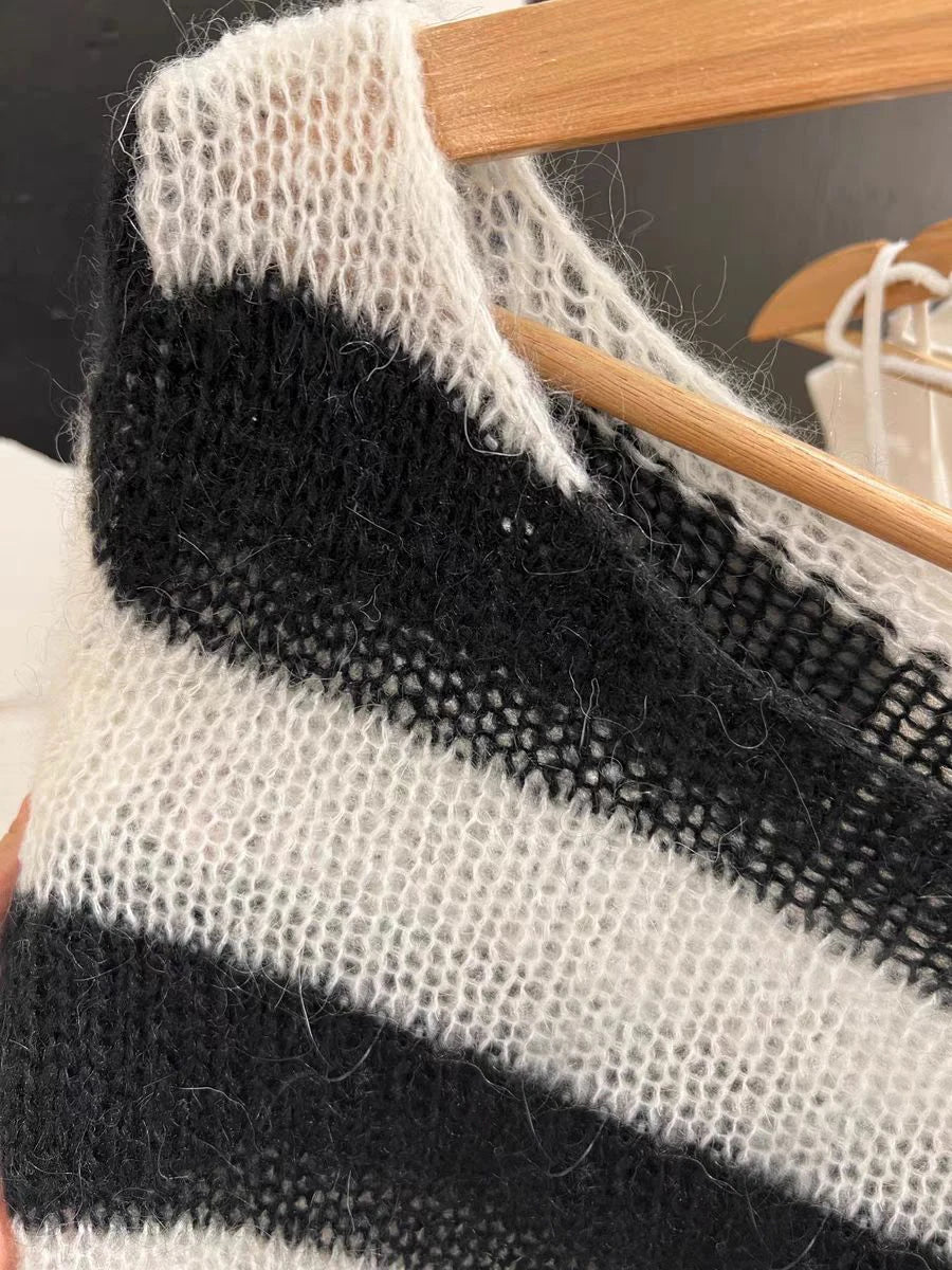 New Striped Knitted Long Sleeve Woman Scoop Neck Cotton Thin Smock Autumn Casual Vintage Streetwear Tee Shirts Y2k Tops Clothes