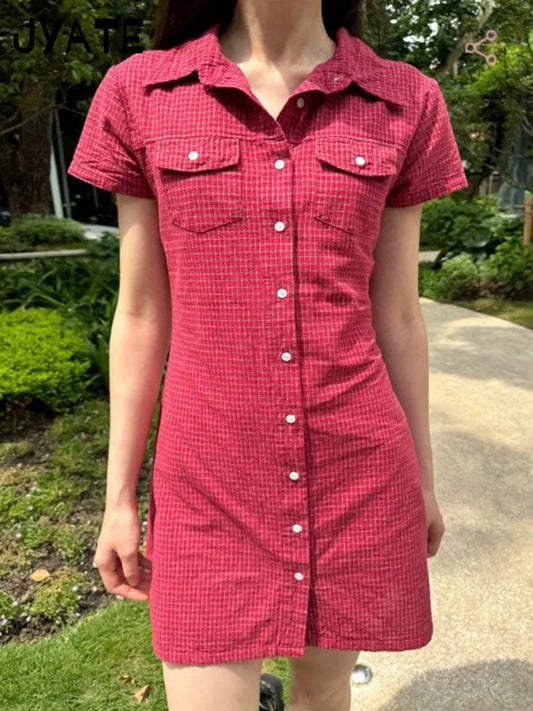 Retro Red Plaid Pockets Shirt Dresses Women New Turn Down Collar Single Breasted Short Sleeve Vestidos Sweet Vintage Mini Dress