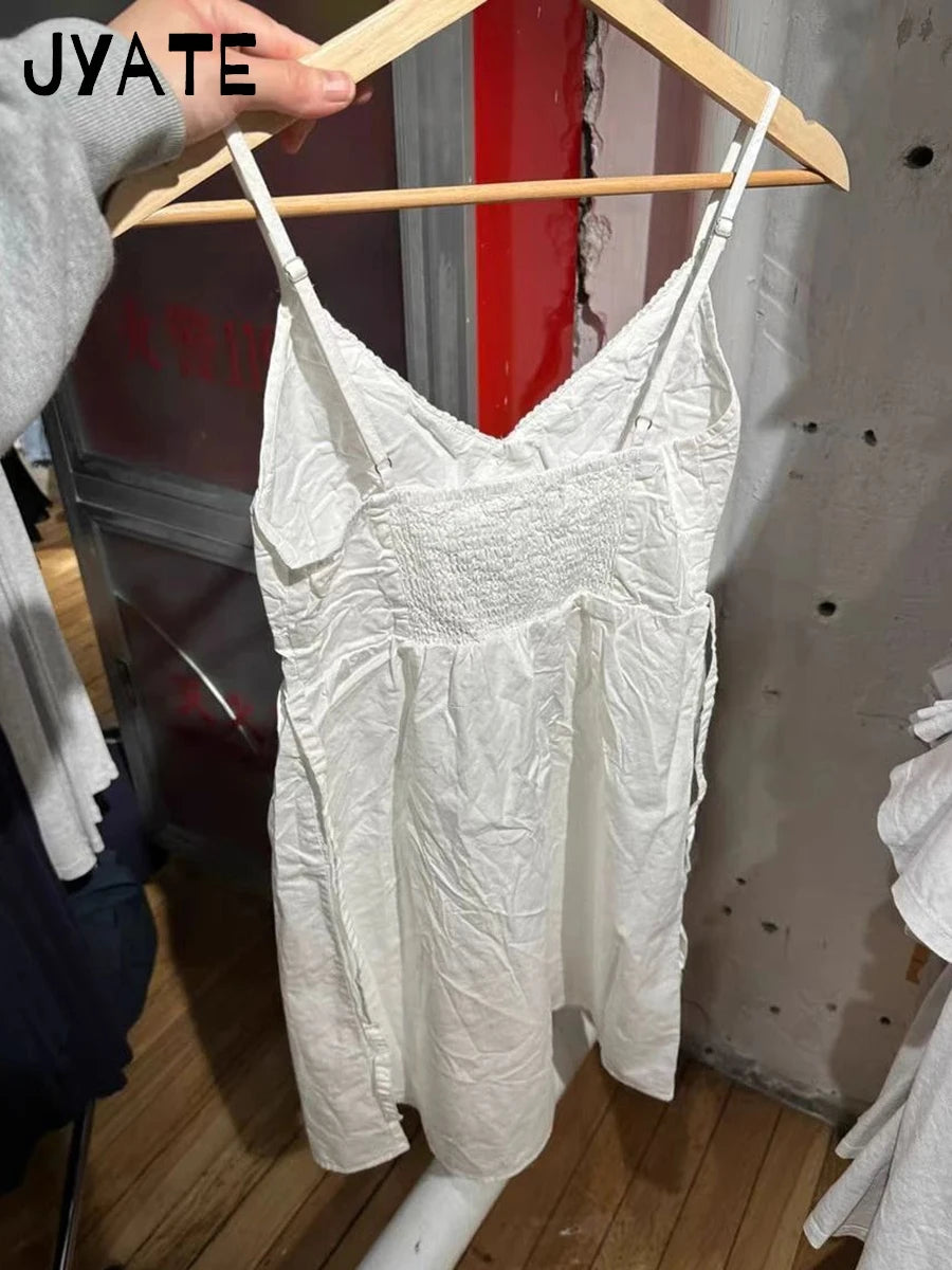 Sweet Lace Trim Buttons White A-line Dress Women New Elastic Waist V-neck Sleeveless Mini Dresses Vintage Chic Y2K Short Vestido