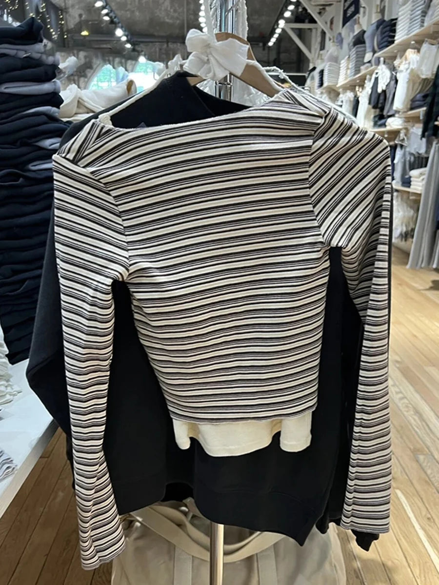 Striped Slim Sexy Cotton Long Sleeve Tees Women Casual Square Neck Streetwear Tops Female Vintage Chic Sweet Cute T-shirts Y2K