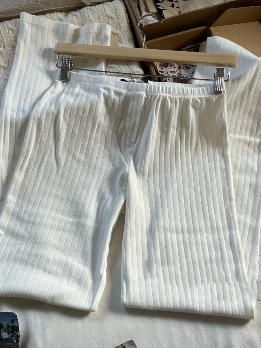 Eyelet Buttons Long Sleeve T-shirt Pants Set Women White Lace Trim O-neck Slim Tees+ Casual Sweatpants Cotton Home 2 Piece Sets