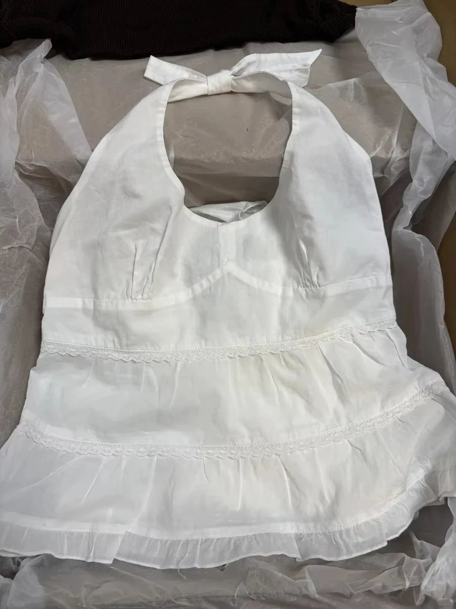 Lace Ruffles White Halter Tops Woman Summer Simple V-neck Sleeveless Cotton Cropped Camisole Cute Sweet Backless Slim Crop Top