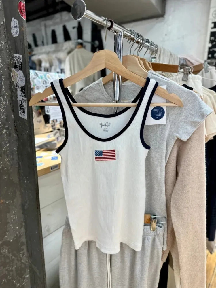 Harajuku Flag Embroidered Ribbed Tank Tops Women Spring New Casual Slim Preppy Style Sleeveless Vests Vintage Chi Y2K Camisole