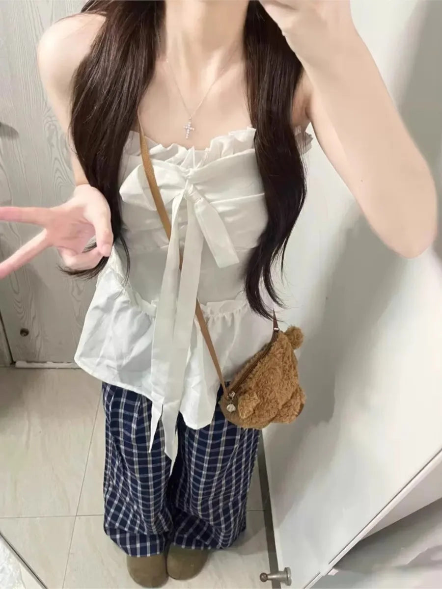 Sexy White Bow Ruffle Tube Top Women Summer New Streetwear Slim Sleeveless Tank Tops Female Sweet Chic Preppy Style Camisole Y2K