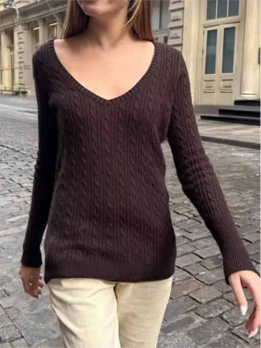 Brown Twisted Flower Sweater Spring Deep V-neck Raw Hem Long Sleeve Pullover Top Vintage Casual Preppy Style Woman's Jumpers