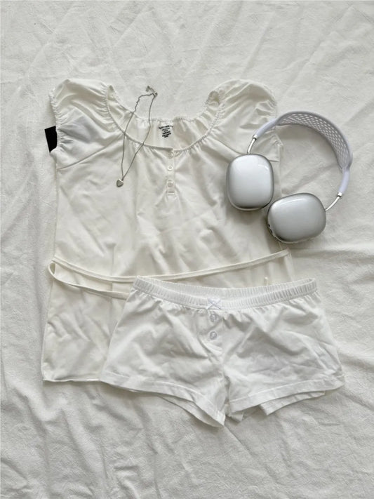 White Back lace-up T-shirt Shorts 2 Pieces Sets Women Cotton Slim Buttons Crop Top+Bow Home Shorts Sweet Two Piece Clean Outfit