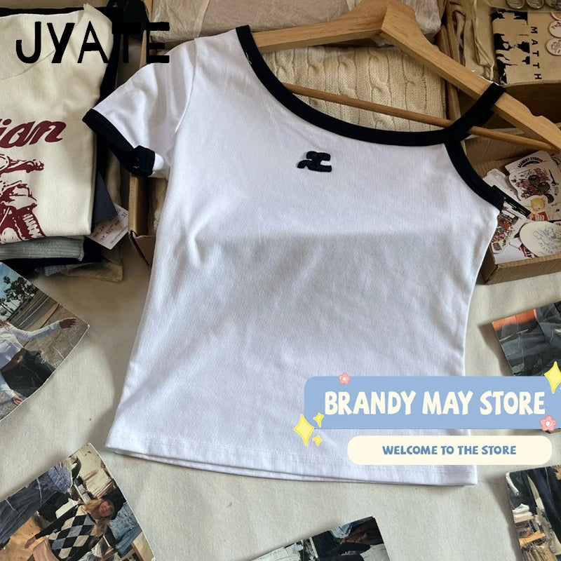 Harajuku Irregular Slant Collar Tank Tops Women Summer Casual Cotton Patchwork Slim Cropped Vests Vintage Chic Y2K Camisole Y2K