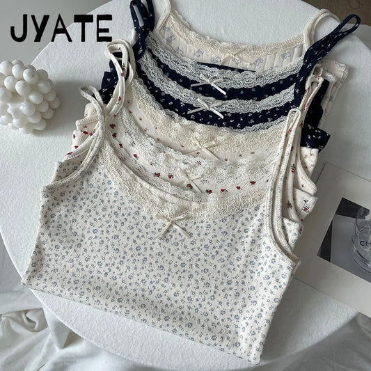 Lace Trim Floral Eyelet Tank Tops Women New Summer Cotton Bow Slim Preppy Style Cropped Vests Sweet Vintage Chic Camisole Y2K
