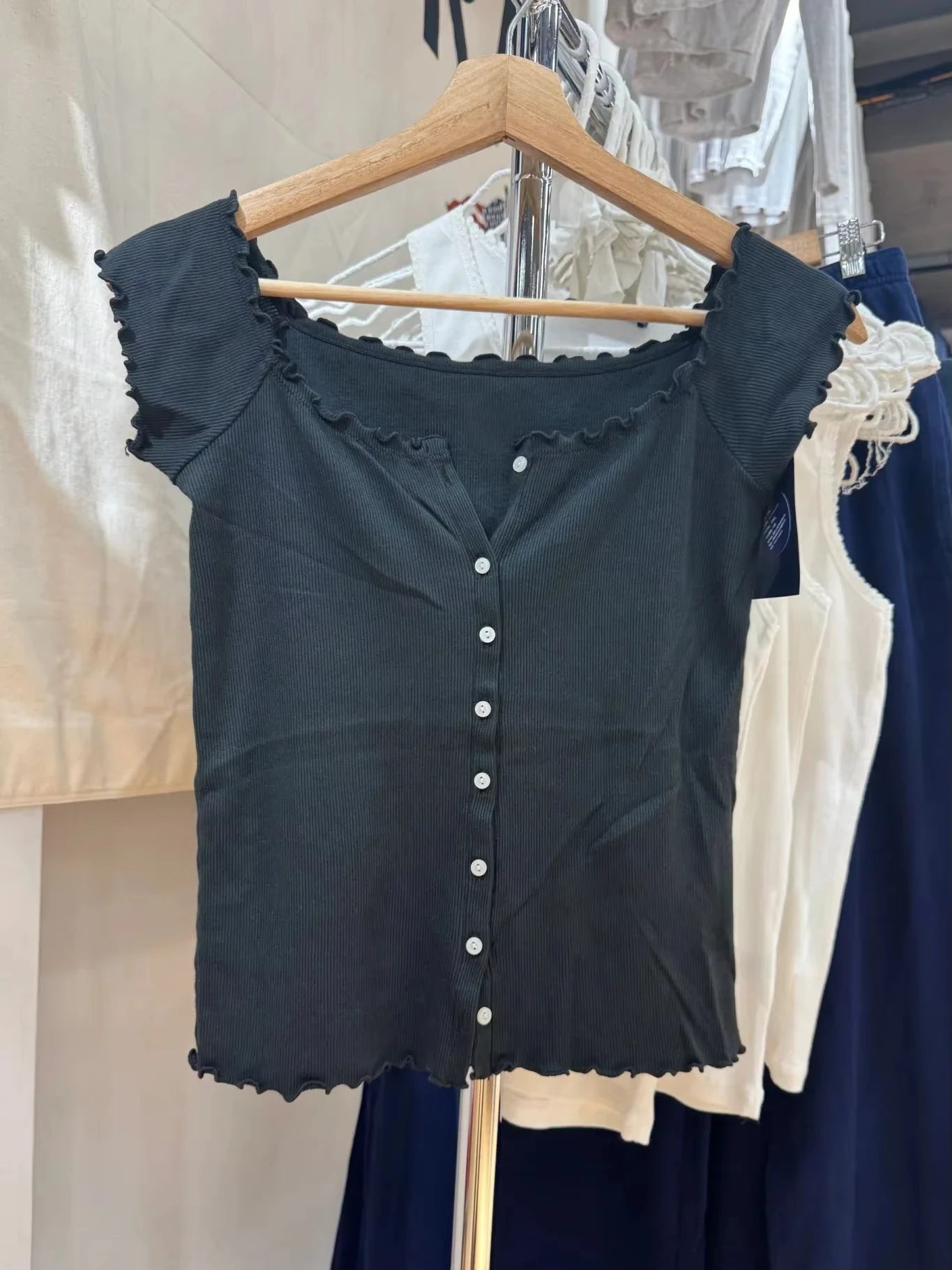 Sweet White Fungus Trim Slim T-shirt Woman Casual Simple O-neck Single Breasted Short Sleeve Cotton Tee Simple Basic Y2K Tops