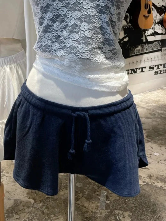 Navy Waffle Sports Shorts Women New Casual Pockets Drawstring Elastic High Waist Short Vintage Cute Preppy Style Short Pants