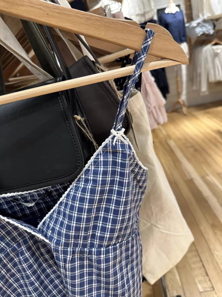 Sweet Blue Plaid Lace-up Tank Top Women Summer New Cotton Lace Trim Bow V-Neck Sleeveless Camis Vintage Cute Chic Crop Tops Y2K