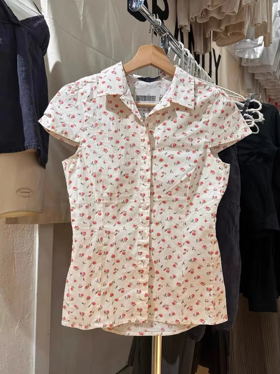 Red Floral Slim T-shirt Blouse Woman New Casual Turn-Down Collar Single Breasted Short Sleeve Tees Vintage Sweet Cute Tshirt Top