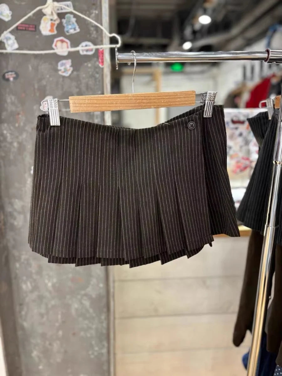 Striped Sexy Low Waist Skirts Women Spring Coffee Aesthetic Chic Button Mini Skirt Sweet Retro Cute Preppy Style Faldas Y2K