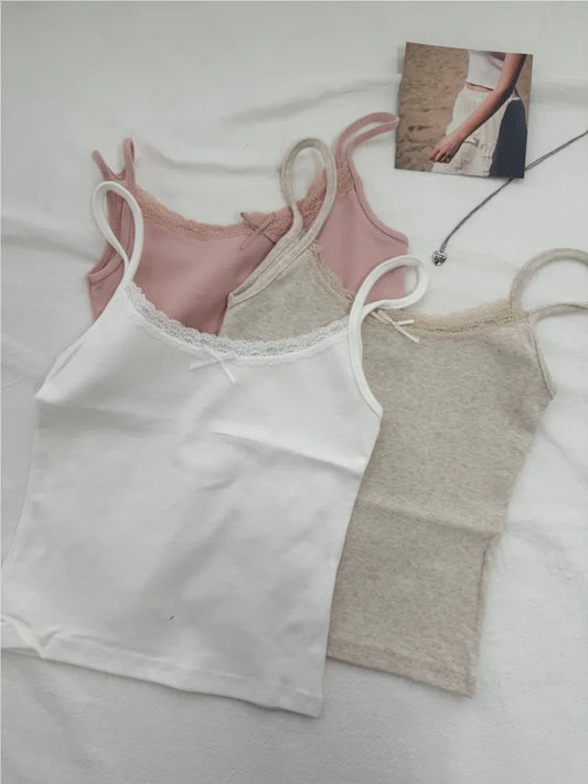 Cute Cotton Soft Lace Trim Tank Tops Women New Summer Solid Chic Bow Slim Cropped Vests Sweet Preppy Style Casual Camisole Y2K