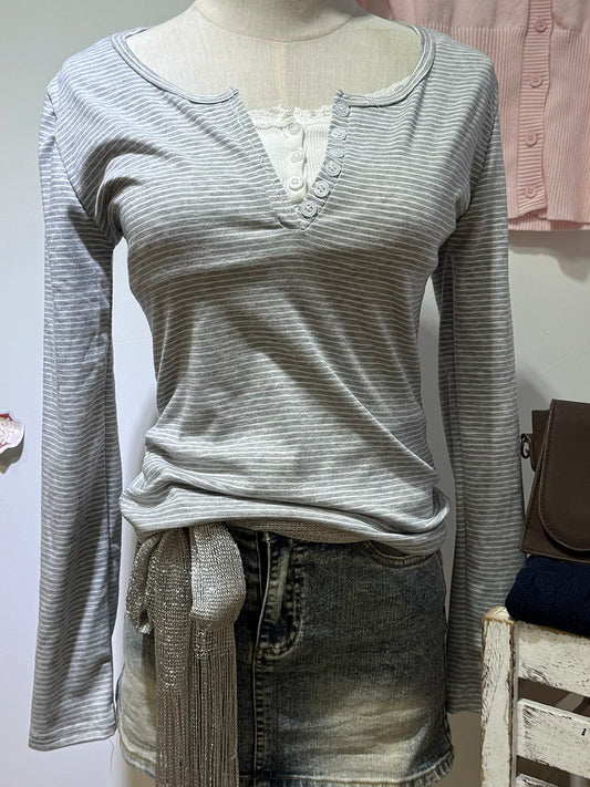 Gray Striped Long Sleeve Zelly Tops Women Autumn New Casual Simple Slim Buttons Tees Vintage Chic Preppy Style T-shirts Top y2k