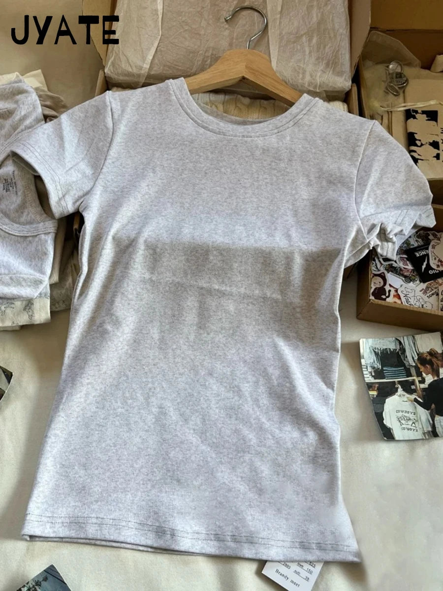Basic Gray Cotton Soft T-shirts Women Summer New Casual Slim Simple O-neck Short Sleeve Tees Sweet Chic Preppy Style Tops Y2K