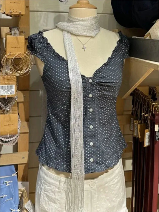 Polka Dot Navy Folds Blouse Tops Women Casual Single Breasted Ruffle Sleeveless Tank Tops Vest Vintage Preppy Style Vests Y2K